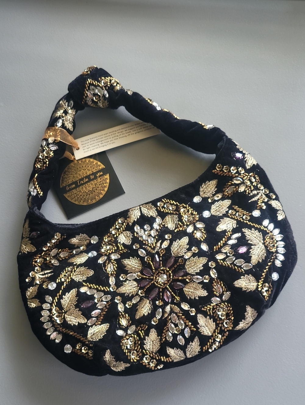 From India To You Embellished Black Velvet Handbag